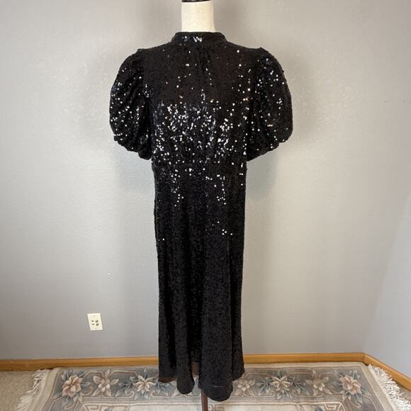 Tuckernuck Black Shimmer Sequin Perris Maxi Midi Dress Size XXL Puff Sleeve Bow - Picture 2 of 9